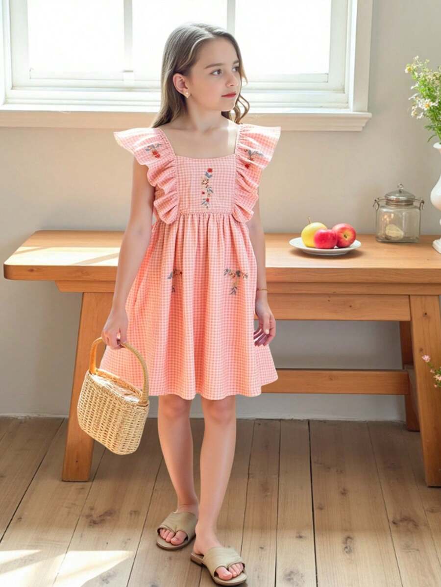 SHEIN Tween-Mädchen Lässiges, schlichtes Sommerkleid mit Flügelärmeln - Pink - Übersicht 1