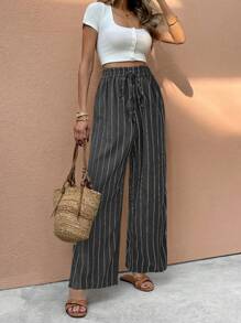 SHEIN Frenchy Women's Striped Print Drawstring Waist Casual Straight Leg Pants, Holiday Season Work Pants Summer