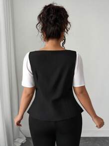 Elenzga Camisa negra y blanca con diseño de empalme para mujer talla grande, elegante para el trabajo, diseño 2 en 1, cintura estilizante, top disimulador - Blanco y Negro - Ver 2