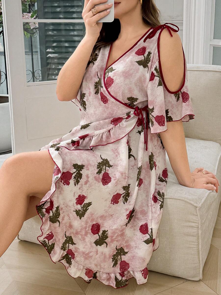 CottageSlumber Plus Size Floral Print Cut Out Wrap Tie Sides Robe Perfect Summer - Multicolor - View 1