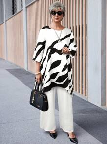 EMERY ROSE 2pcs Plus Fashion Granny Fall Clothes Curvethanksgiving Women Outfit Size Casual Contrast Color Asymmetric Hem Top And Pants Set, Autumn,Summer Outfits For Women Women Summer Clothing,Vacation Outfits Woman - White - View 4