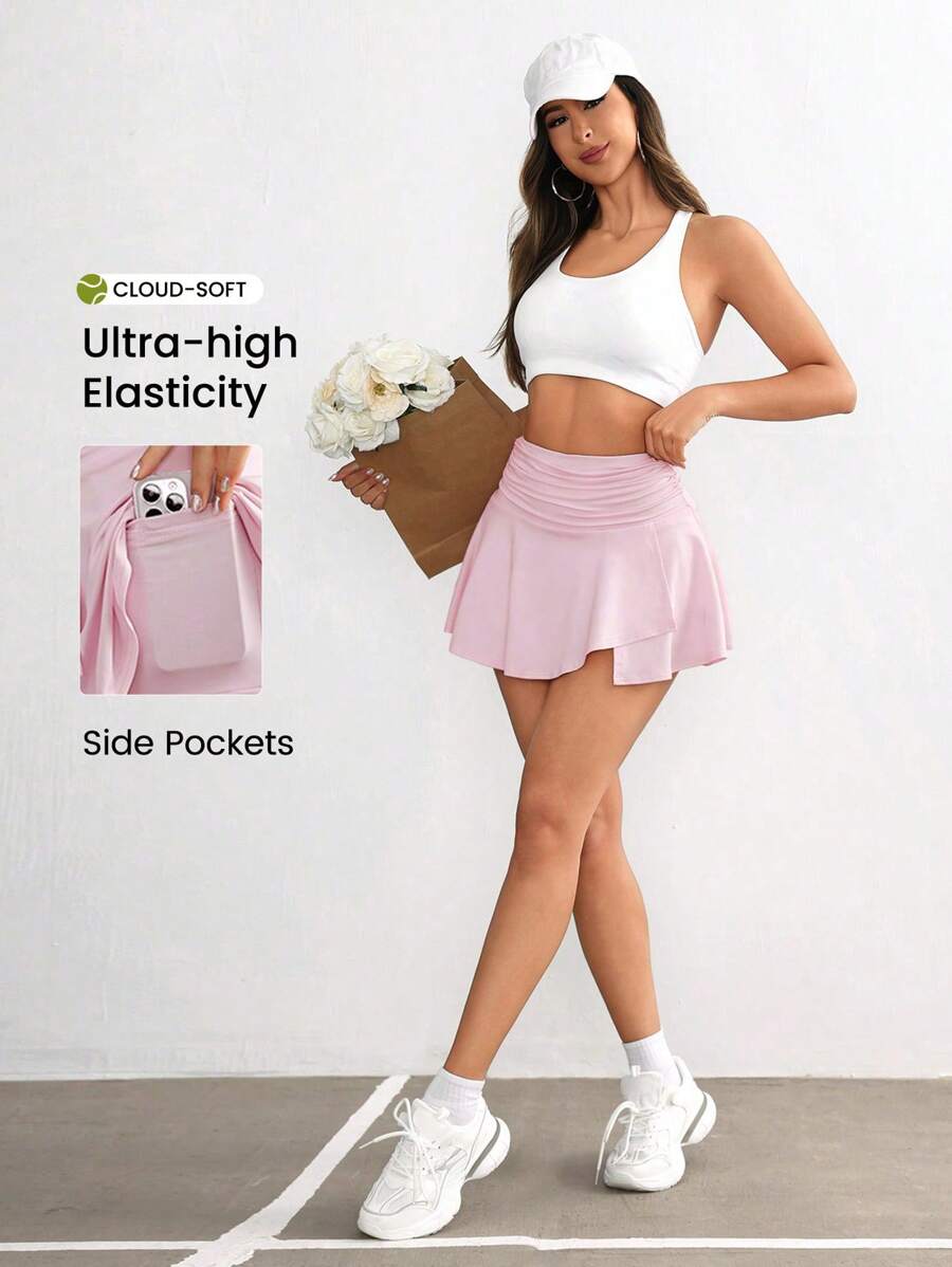 CourtClass 女士时尚宽腰带开衩下摆运动裙网球裙运动裙 - 粉色 - 查看 1