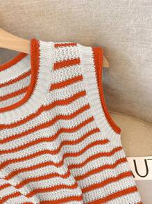 Franclia Áo len dệt kim sọc màu tương phản cổ điển mới, áo len chui đầu ngắn không tay thời trang cho nữ - Nhiều màu - Xem 5