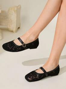 CUCCOO CHICEST Women's Outdoor Round Toe, Low Heel, Black Lace Mesh Fabric Fashion Minimalist Elegant Black Buckle Flat Shoes For Christmas Elegant Shoes - Black - View 4