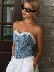 DAZY 女式夏季时尚提花蕾丝边抹胸牛仔衬衫 - 藍色 - 查看 1