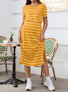 SHEIN Women's Casual Yellow Striped Nursing Dress With Short Sleeves And Round Neckline For Easy Breastfeeding - Yellow - View 5