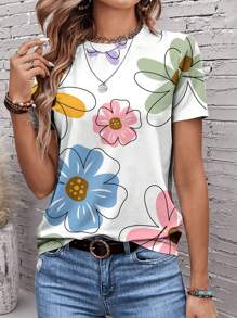 EMERY ROSE Versatile Floral Print Casual Round Neck Short Sleeve Loose T-Shirt For Women, Spring/Summer