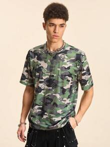 Paul Frank X SHEIN Men's Camo & Cartoon Print Round Neck Short Sleeve T-Shirt, Suitable For Summer