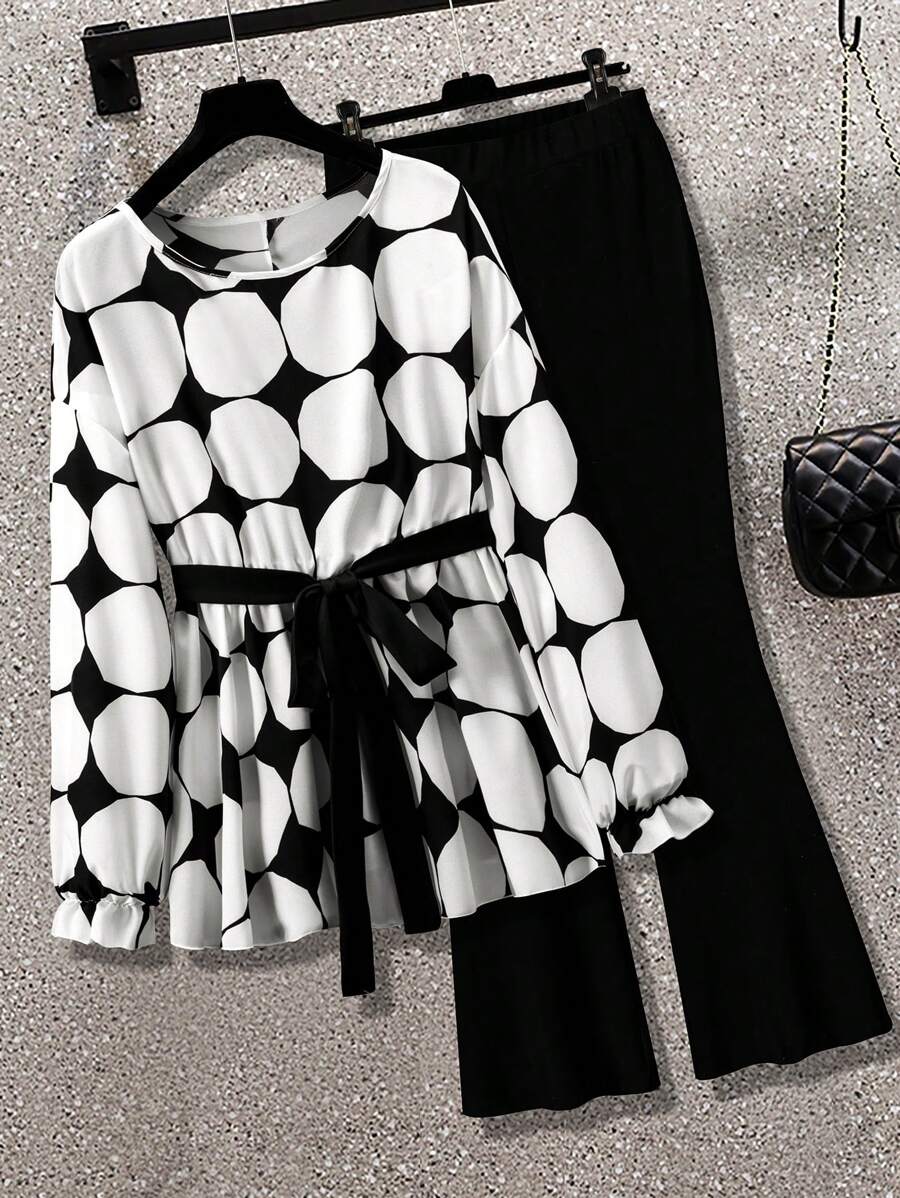 Celure 2pcs/Set Plus Size Long Sleeve Tie-Front Top And Solid Color Pants - Black and White - View 1