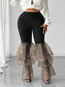 Maweii Plus Size Women Sexy Leopard Print Fabric High-End Ruffle Decor Flared Hem Cinched Waist Bodycon Pencil Pants - Black - View 5