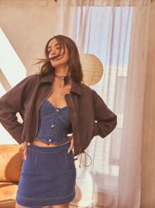 Aralina Suedette Zip Up Drawstring Waist Cropped Fit Business Casual Woman Bomber Jacket - Coffee Brown - View 4