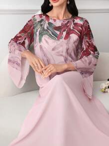 SHEIN Najma 女士热带植物印花圆领长袖阿拉伯风格连衣裙，朴素的卡夫坦 - 粉色 - 查看 5
