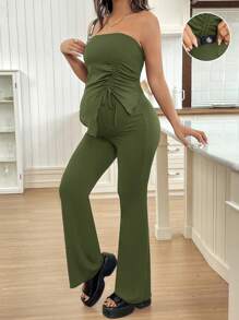SHEIN 2pcs/Set Maternity Ruched Camisole Top And Bell-Bottom Pants Set - Green - View 5