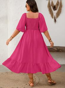 SHEIN Clasi Váy tay ngắn xẻ gấu loe cỡ lớn - Màu Hồng Tươi - Xem 2