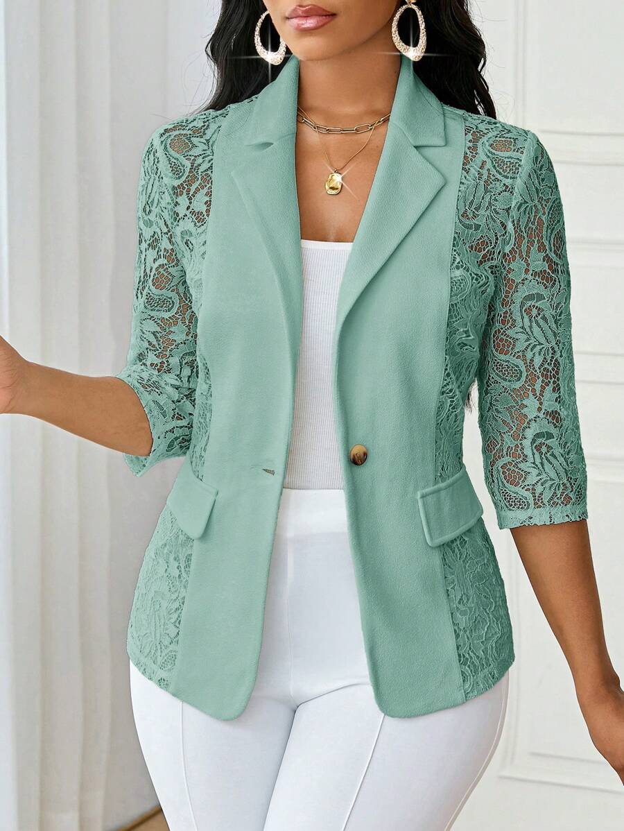 SHEIN Lady Four Season White Suit Women Blazers Women Coat Lace Splicing Elegant Suit
