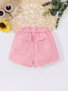 Young Girl Holiday Casual Daily Ruffles Details Two In One Denim Skort - Baby Pink - View 2