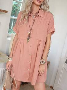 LanaWest Strukturiertes, locker sitzendes Hemdblusenkleid mit Einreiher, Doppeltaschen und Falten