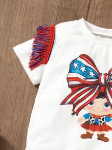 Young Girl Cartoon Print Short Sleeve Top And American Flag Print Flare Pants Casual 2 Pieces Set - White - View 4