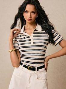 Poéselle Damen Gestreiftes Polokragen Kurzarm Lässig T-Shirt, klassisches schwarz-weißes gestreiftes Kurzarm Polohemd, modisches schwarz-weißes Damen Polohemd, Old Money Poloshirt, Poloshirts für Frauen