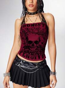 ROMWE Grunge Punk Women's Y2K Concert Punk Skeleton Print 2 In 1 Lace Patchwork Sleeveless Halter Top - Red - View 5