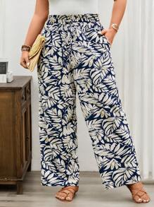 SHEIN LUNE Plant Leaf Print Casual Versatile Out Going Elastic Waist With Pockets Plus Size Wide Leg Pants Country Concert Graduation Summer For Women Brunch For Women Mother's Day Church Women Pants
