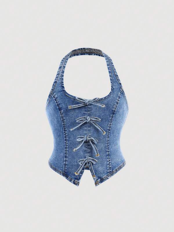 SHEIN Girlism Tween Mädchen Mode Lässig Y2K bequemes einfaches Schmetterling-Bindungsdesign blaues Trägertop aus Denim für Mädchen Kostüme für den Alltag, Tween Mädchen Sommer- und Frühjahrskleidung