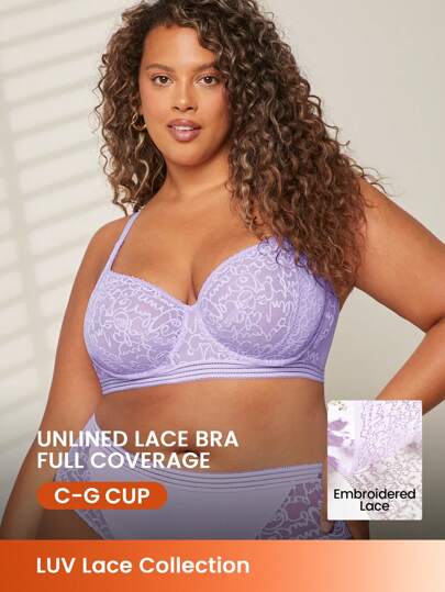 LUVLETTE Plus Sexy Lingerie Lounge Curve Sheer Full Coverage Unlined Lace Elegance Chic & Cozy Minimizer Purle Bra