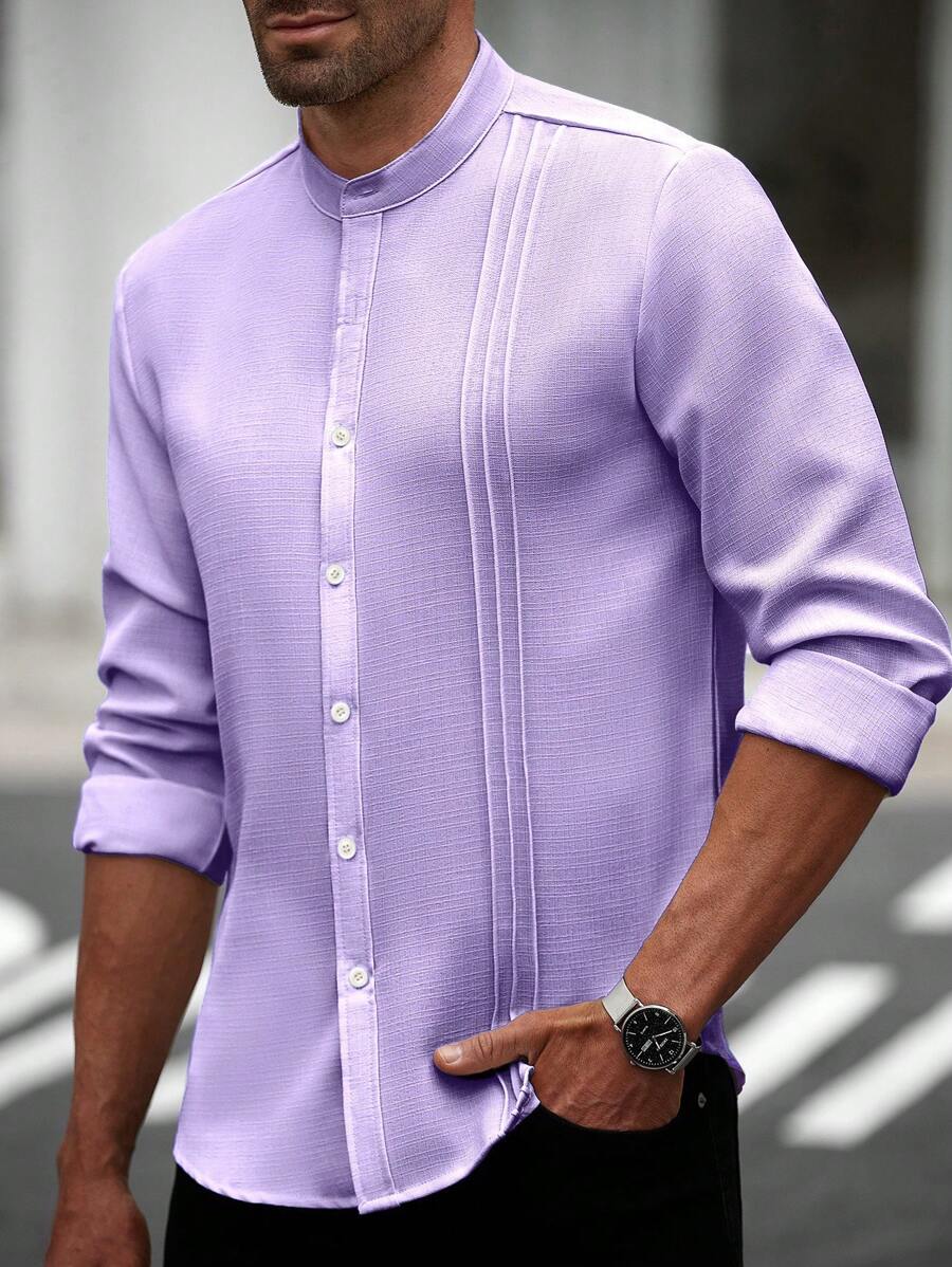 Manfinity Homme Men's Casual Business Commute Solid Color Long Sleeve Button-Up Shirt,Men's Solid Color Texture Casual Wrinkle Double Patch Bag Commuting Light Mature Long Sleeved Button Up Shirt, For Fall