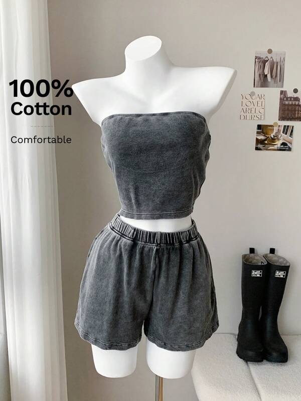 Comfortcana Black Washed Top And Shorts Sports Set For Women ,Summer