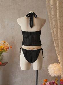 SHEIN Swim 2pcs/Set Black Spaghetti Strap Metal Decor Sexy Vacation Swimsuit, Bikini Top And Bottom Set For Summer - Black - View 2