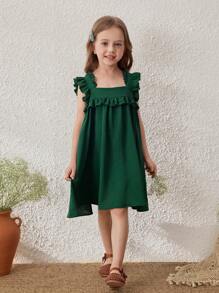 Blossori Vestido sin mangas con volantes y ribete verde para niñas en vacaciones en el campo