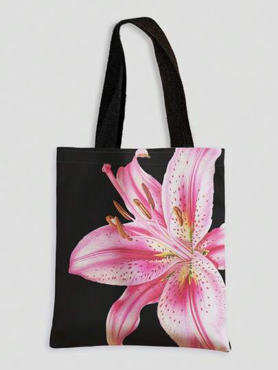 Kawaii Bolso de lona reversible de hombro con estampado floral de vacaciones, versátil para ir y venir y ocio