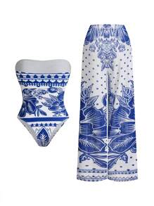 Swim Oasis Women's Bohemian Vacation High Waist Wide Leg One Piece Swimsuit, Strapless Beach Chiffon Cover Up, Beige/Black For Summer - Multicolor - View 5