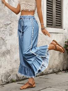 Breezaya Quần Jeans Ống Rộng Thắt Eo Có Tua Rua Bên Hông Cho Nữ - Rửa nhẹ - Xem 6