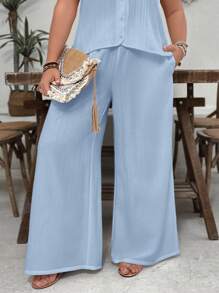 SHEIN VCAY Plus Size White Textured Fabric Loose Casual Wide Leg Pants With Pockets, Suitable For Vacation & Valentine's Day,Summer Pants