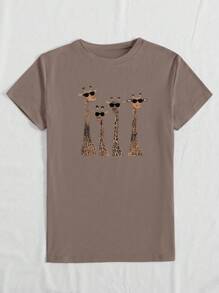 INAWLY Camiseta de manga corta con estampado de jirafa y pestañas para atuendos casuales, camisetas gráficas con estampado de guepardo para mujeres, tops para el verano y la primavera