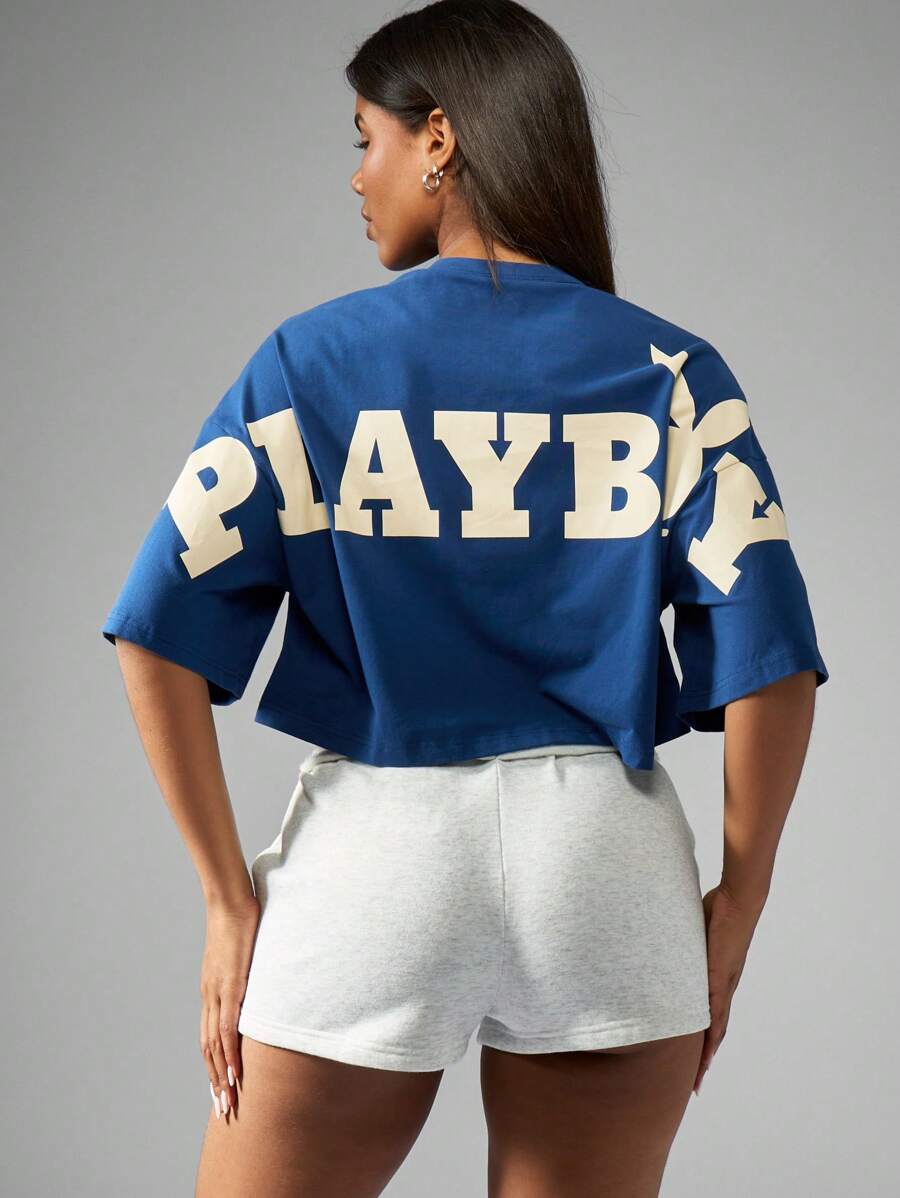 Missguided x Playboy Camiseta corta con logo estampado, de manga corta, estilo urbano, casual, de algodón, con estilo deportivo y de moda Y2K para verano.