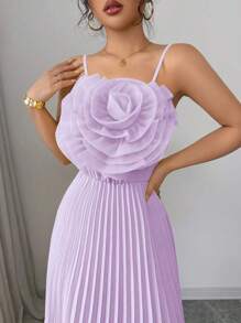 Rafferiza French Elegant Floral Decor Waist Pleat A-Line Dress, Yellow Color, Suitable For Daily Wear & Party, Women, Spring/Summer - Mauve Purple - View 5