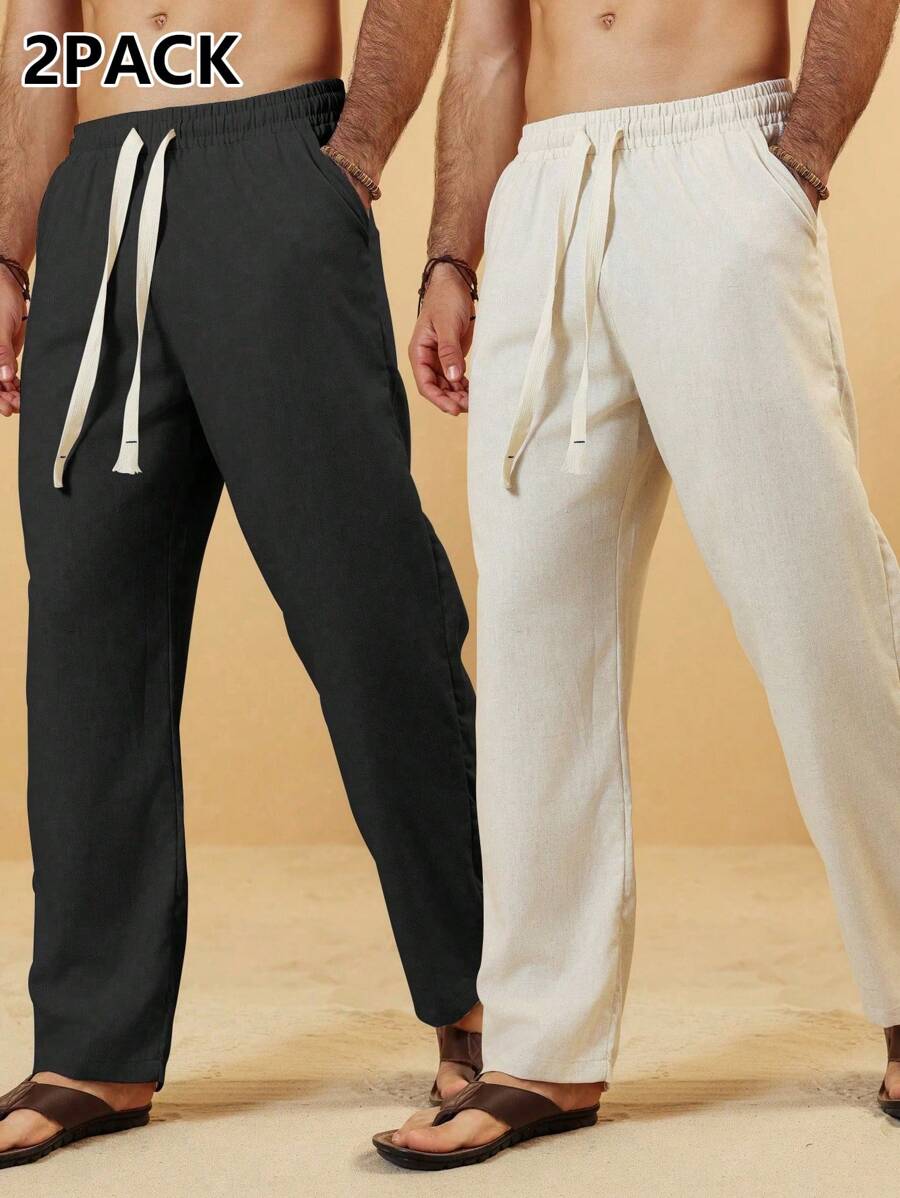 Manfinity RSRT Quần vải lanh thiết kế túi eo có dây rút cho nam 2 chiếc/bộ - Màu be - Xem 1