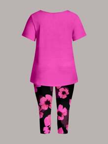 EMERY ROSE 2pcs/Set Plus Size Women's Ditsy Floral T-Shirt And 3/4 Length Pants Set, Casual Outfit For Mother's Day, Spring/Summer Suitable For Going Out