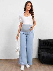 SHEIN Maternity Jeans, Solid Color, Fashion Suitable For Summer - Light Wash - View 3