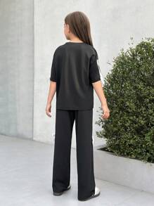 SHEIN Nova Glow Tween Mädchen Lässig Mode koreanischer Stil Einfarbig loses gestricktes Rundhals T-Shirt und weite Hose 2-teiliges Set