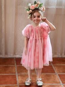 DAZY Young Girl Round Neck Tie Dye Floral Net Mesh Short Sleeve Elegant Dress, Summer - Pink - View 7