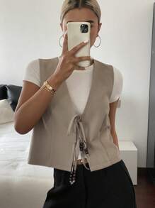 Livesso 女士复古背心吊带衫，无袖薄款休闲西装外套，适合夏季商务穿着