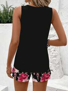 SHEIN LUNE 2 件套加大码骷髅与花卉印花休闲简约套装，适合夏季 - 黑色 - 查看 2