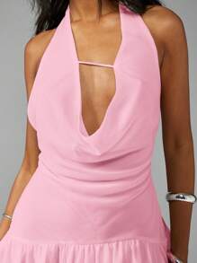MISSGUIDED Halter Neck High Low Mini Dress Ruffle Trim Evening Party Dance Special Occasion Summer Spring Chiffon Backless High Fashion - Pink - View 5