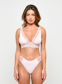 AiiRZ Mesh Inset Triangle Bralette Lingerie Set Soft Wireless Design Modern Wide Band See Through Details High Cut Brazilian Briefs Summer Lounge Wear - Pink - View 4