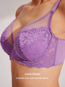 LUVLETTE Lencería suave para mujer, ropa de descanso con curvas, sujetador elegante y de malla morado con cobertura total, soporte y transpirabilidad, sin aros, minimalista y sensual para novia y ropa interior - Morado - Ver 4