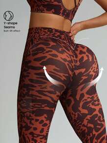 SHEIN Leopard Print Sports Bra & Leggings 2Pcs Set For Women - Brown - View 3