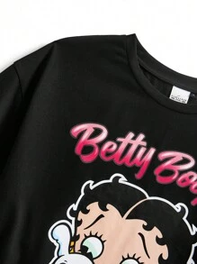 Betty Boop x SHEIN Conjunto de pijama de camiseta de manga corta con estampado de letras y figuras y pantalones cortos para tallas grandes de verano